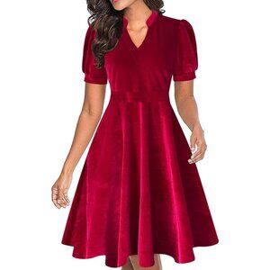 Women Red Velvet Short Puff Sleeve Flare Semi-Formal Summer Dress With Pockets